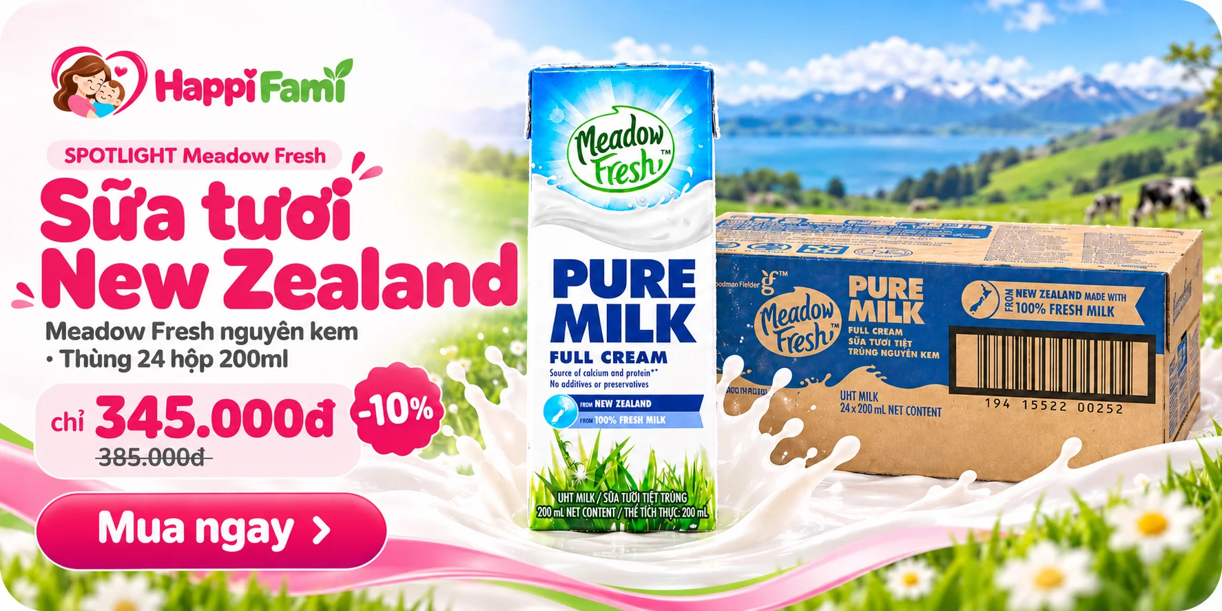 Sữa tươi New Zealand Meadow Fresh nguyên kem, thùng 24 hộp 200ml, chỉ 345.000đ thay vì 385.000đ, giảm 10%.