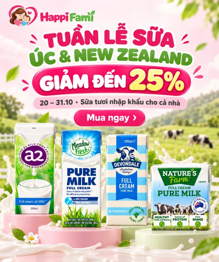 Tuần lễ sữa Úc & New Zealand giảm đến 25%, 20–31.10: a2, Meadow Fresh, Devondale, Nature's Farm