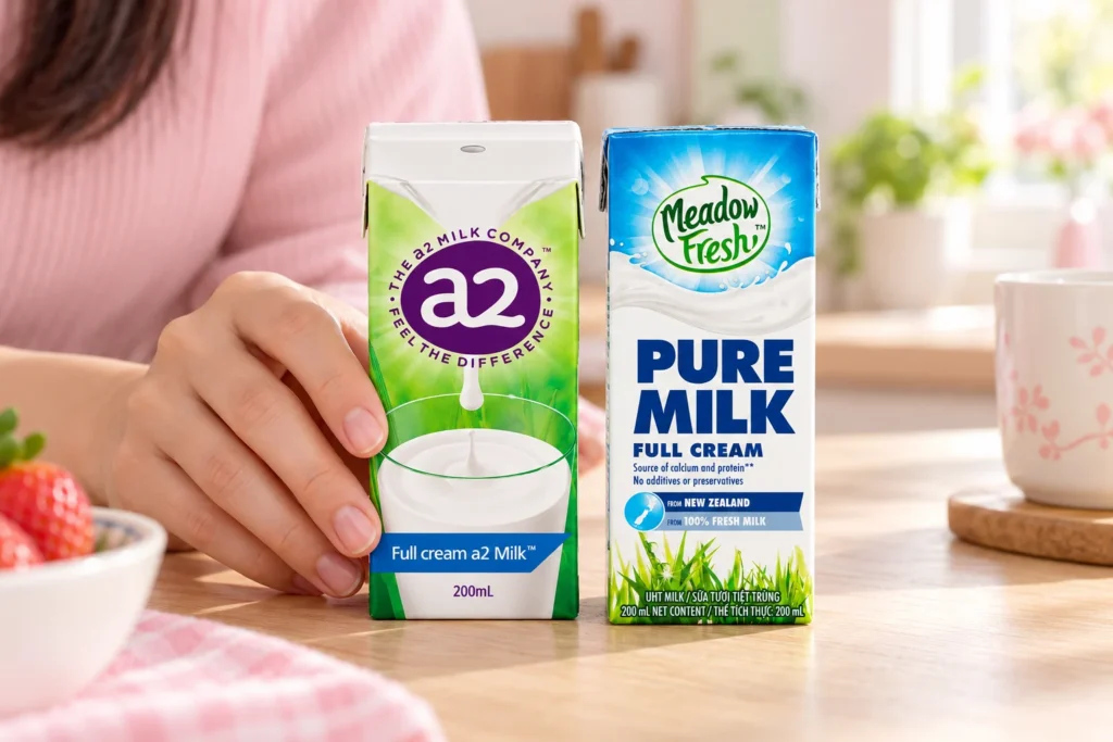 Tay cầm hộp sữa a2 đặt cạnh hộp Meadow Fresh trên bàn gỗ