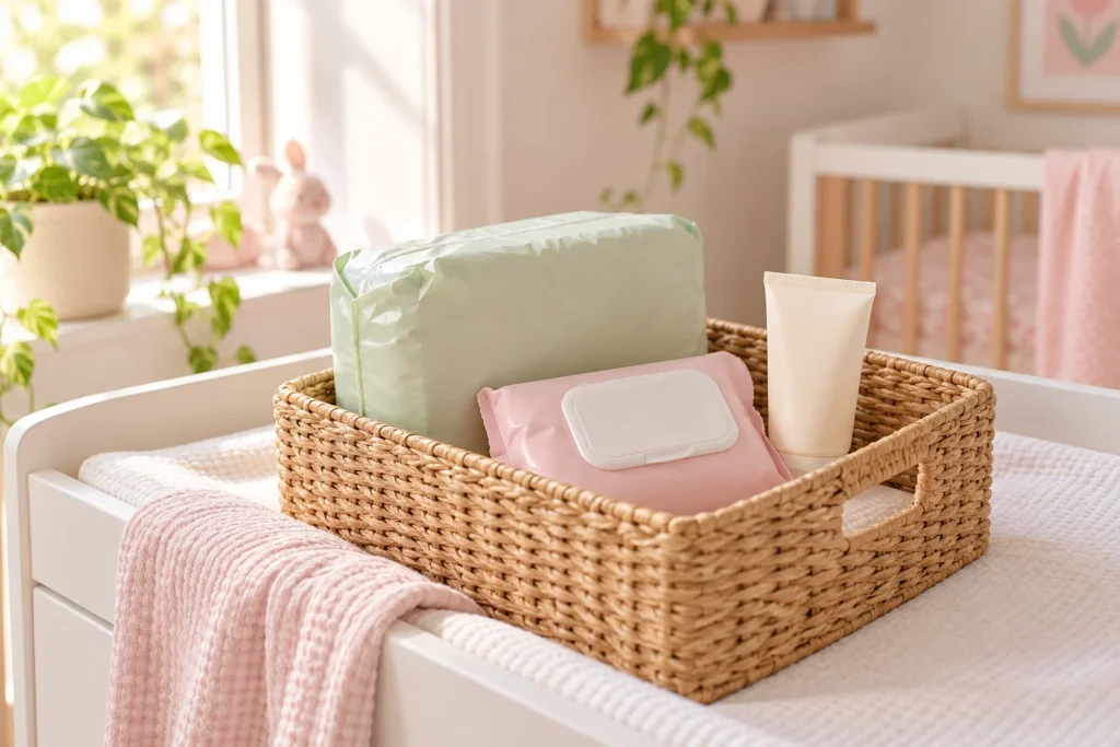 Tã, khăn ướt và kem chống hăm xếp gọn trong giỏ trên bàn thay tã