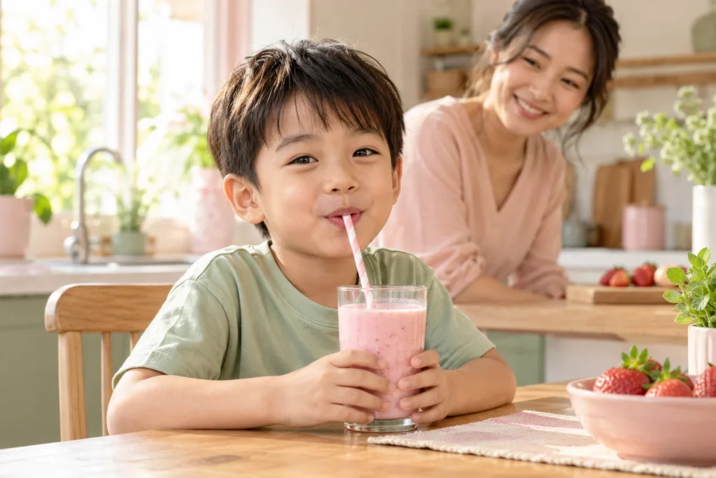 Bé trai cười vui uống ly sinh tố dâu sữa bằng ống hút ở bàn bếp