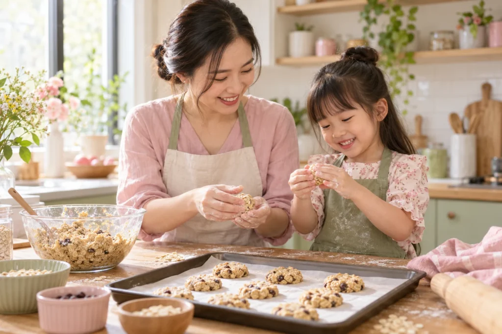 Mẹ và bé cùng nặn bánh quy yến mạch trong bếp